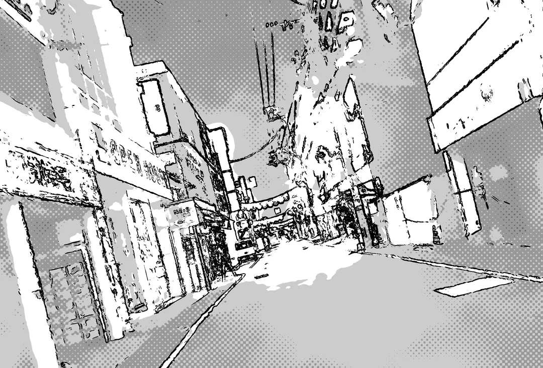 3Dスキャンで線画化された商店街